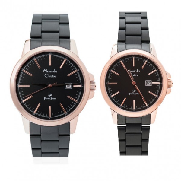 Alexandre Christie AC 1008 Rosegold Black Steel Couple